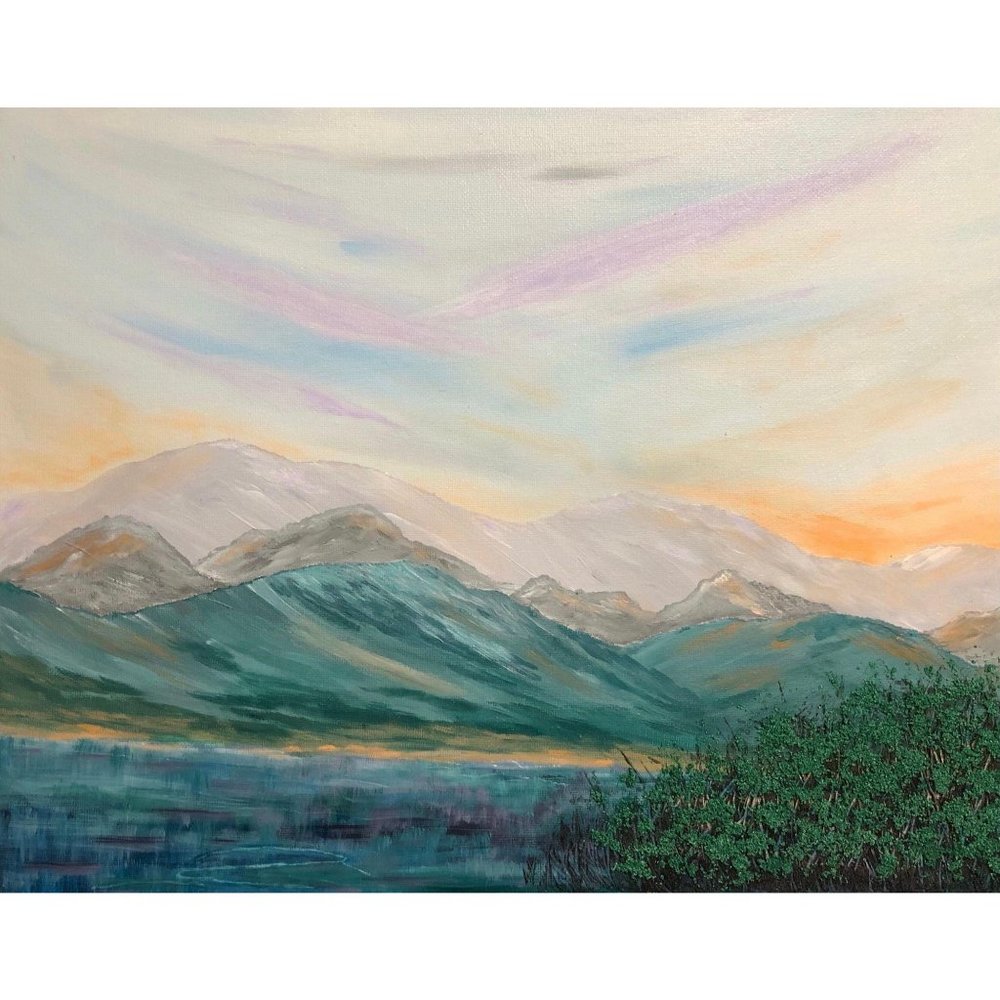 Daybreak 11 x 14 Acrylic Painting, Mountains, Lake